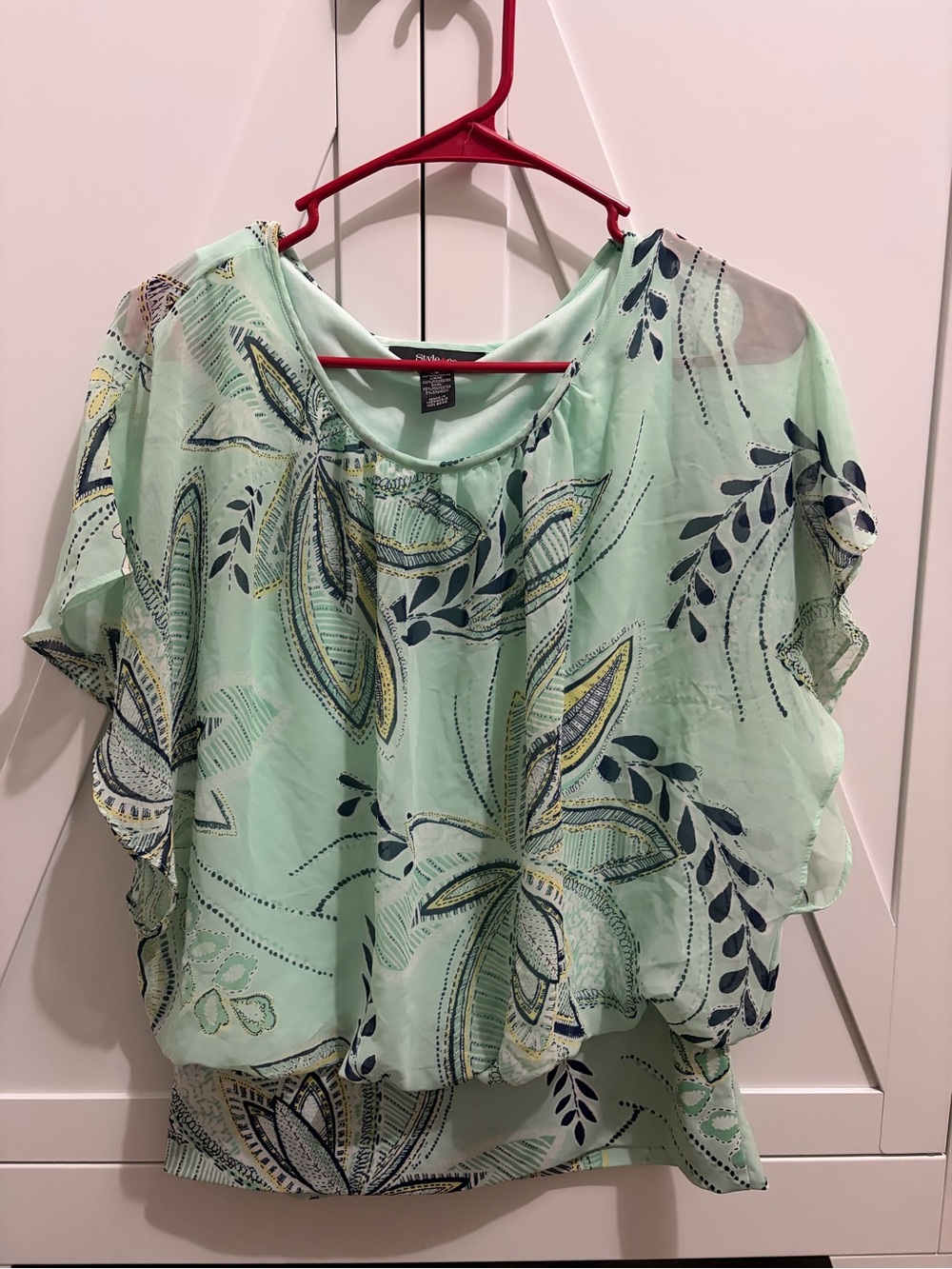 Style & Co. Mint Green Floral Flutter-Sleeve Blouse